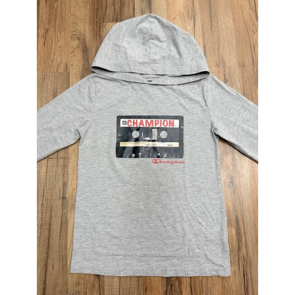 Champion Youth M‎ Cassette Tape Graphic Hoodie Gray Lightweight Kids